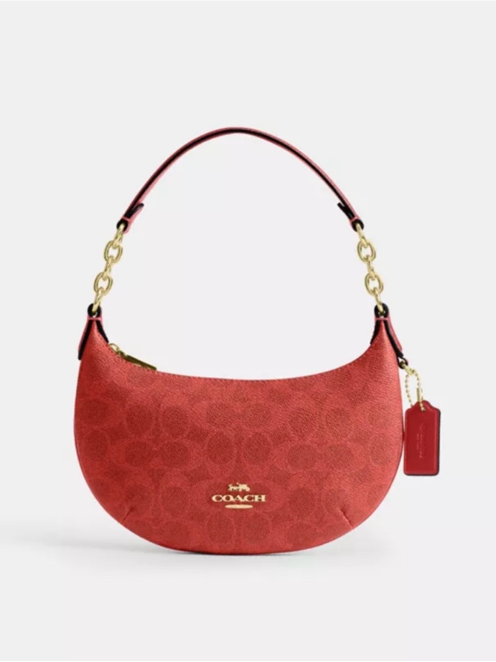 Coach Mini Payton Crimson Red Signature Crescent Shoulder Bag with Gold Hardware